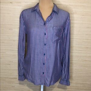 beachlunchlounge Blue Red Striped Women's Button Down Hi-low Long sleeve Shirt S